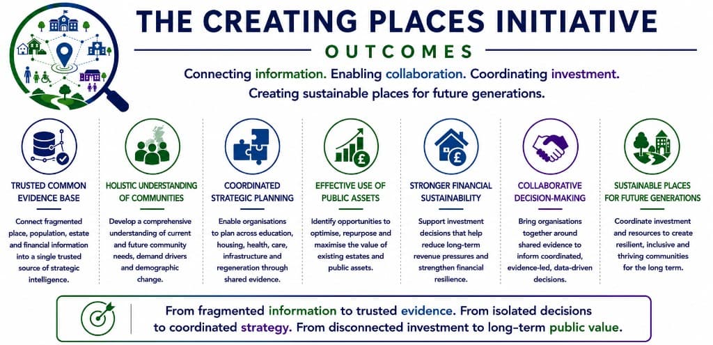 The Creating Places Initiative Outcomes — trusted evidence base, holistic community understanding, coordinated strategic planning, effective use of public assets, financial sustainability, collaborative decision-making and sustainable places